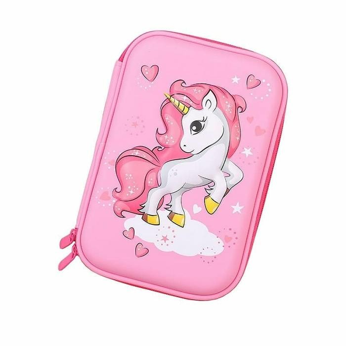 

[P r o m o]New KOTAK TEMPAT PENSIL ANAK TIMBUL 3D ANTI AIR MOTIF CEWEK UNICORN Karakter Kartun Karet Stationery - uni-berdiri pink