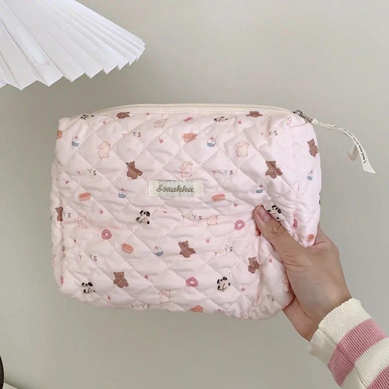 

Cute Pink Women's Cosmetic Bag Make Up Case Quilted Cotton Travel Storage Bags Portable Wash Bag Clutch Purse Handbags Mommy Bag