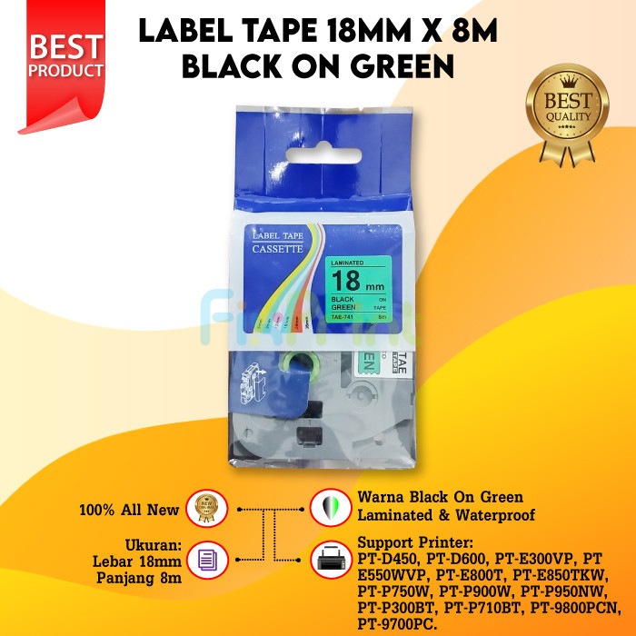 

Compatible Label Tape TZE-741 18mm X 8m Black On Green Cassette Printer PT-D450 PT-D600 PT-E300VP PT-E550WVP PT-E800T PT-E850TKW PT-P750W PT-P950NW PT-P710BT PT-9700PC