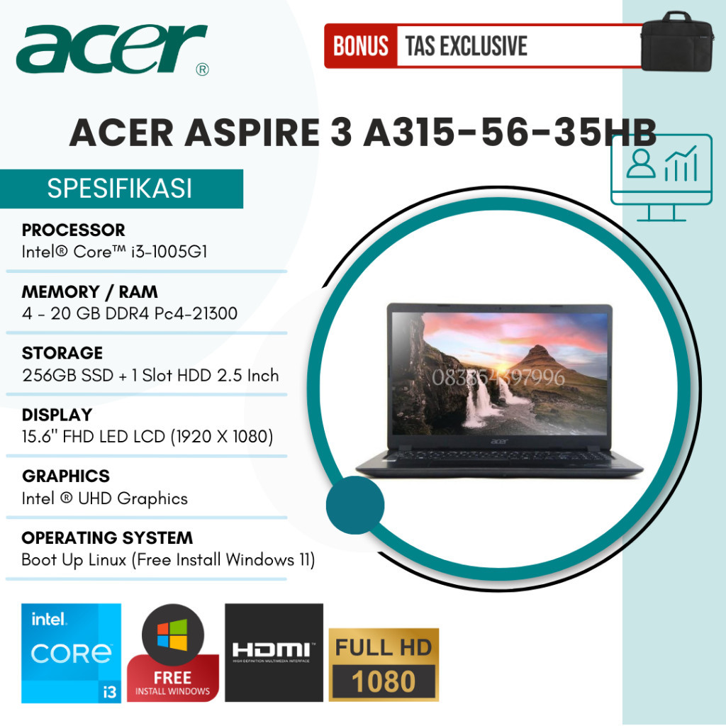 ACER CORE I3-1005G1 | RAM 20GB | SSD 256GB | 15.6" FHD | ASPIRE 3 A315-56-35HB | LAPTOP KERJA, KULIA