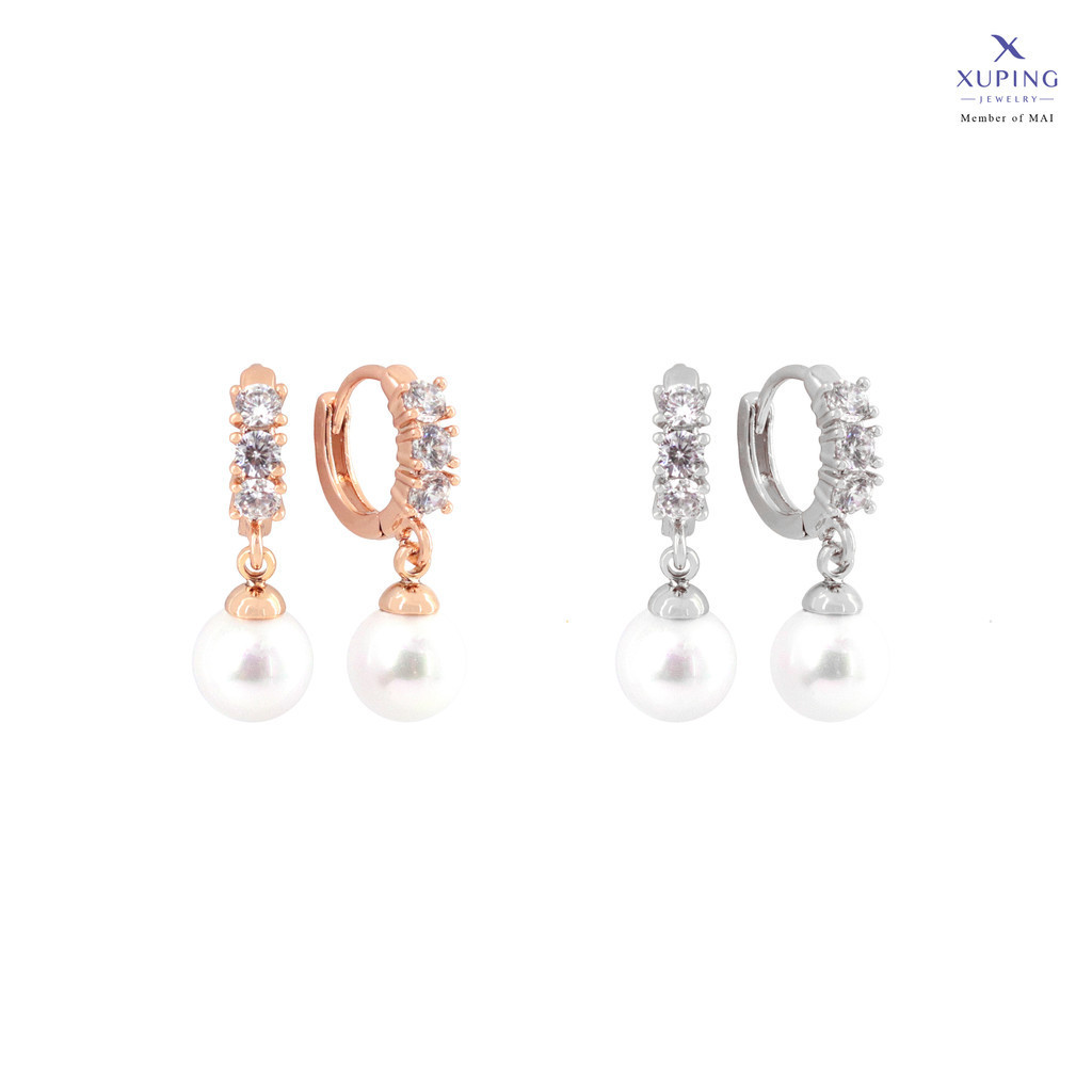 Xuping Jewelry Anting Klip Panjang Mata Baris Bandul Mutiara Perhiasan Lapis Emas (Gold, Silver)