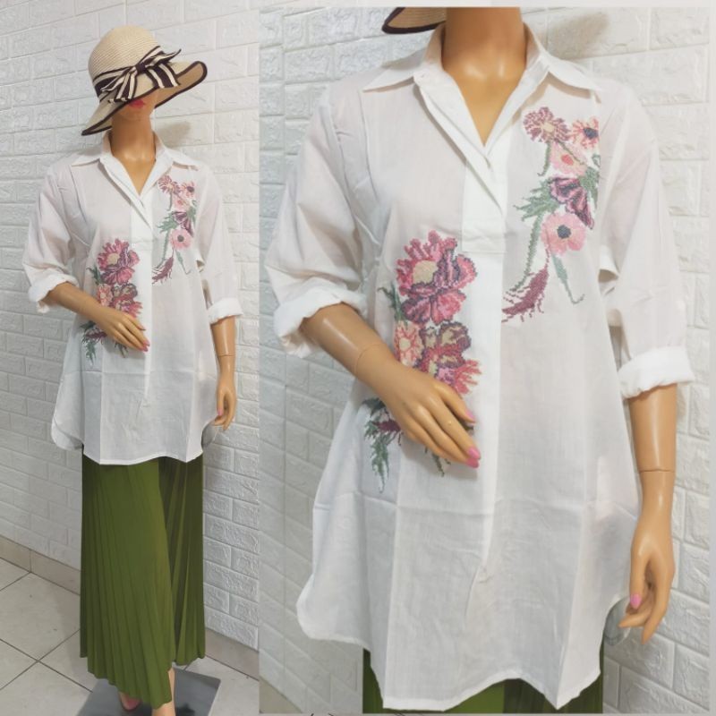 TUNIK WANITA BORDIR BUNGA JUMBO BIG SIZE PAKAIAN CEWEK KATUN PUTIH MUSLIM HIJAB MUKENA IDUL FITRI IM