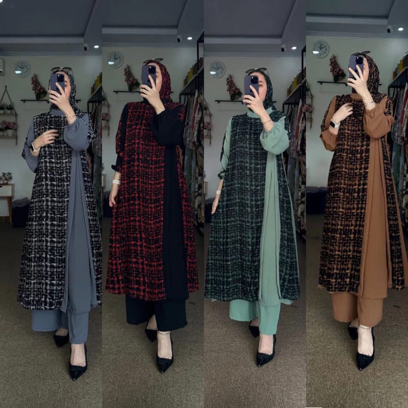Set Midi Crinkle Mix Ceruty 3 in 1 One Set Tunik Mareva Setelan Kulot Long Tunik Jumbo Mix Crinkle p
