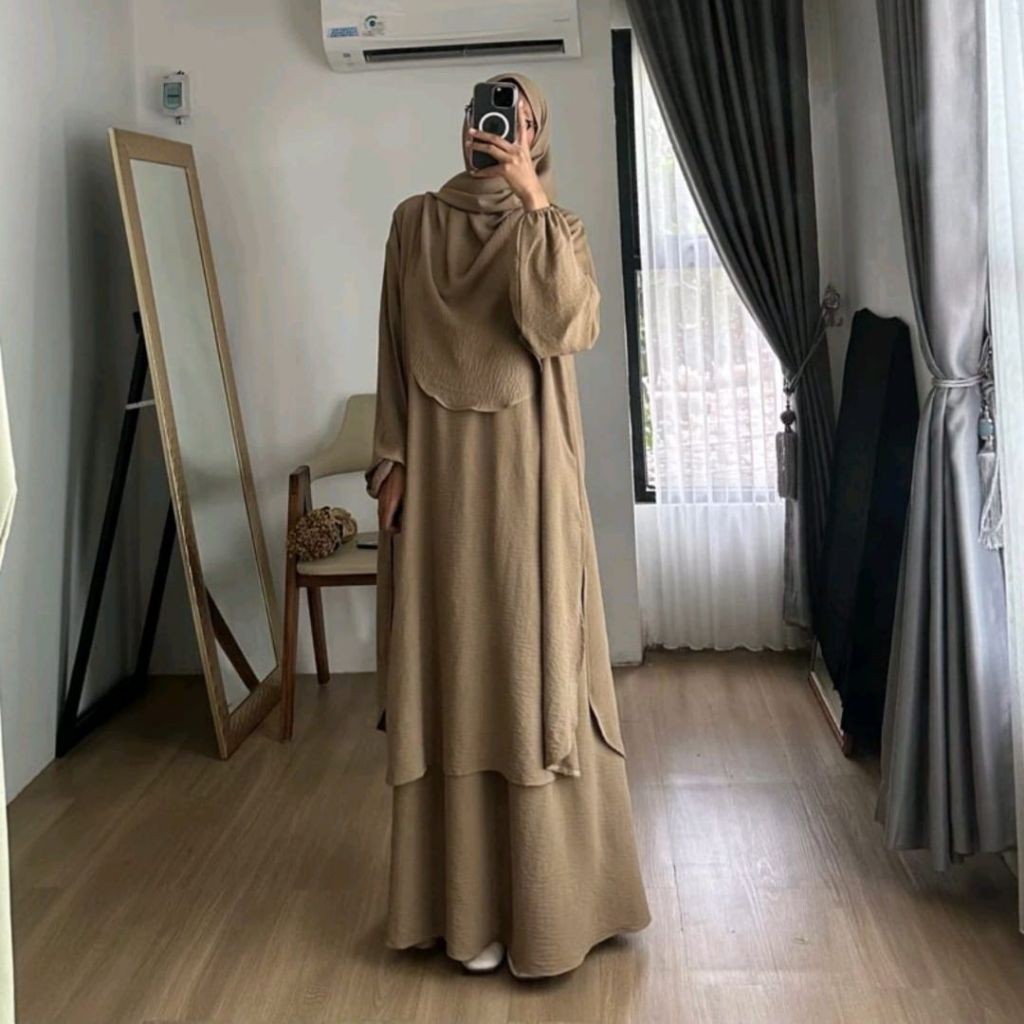 Gamis Hameeda Setelan Atasan  One set Tunik Dan Rok Terbaru Baju Gamis Setelan Wanita Bahan Cringkle
