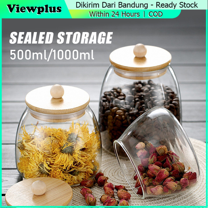 Toples Kaca Tutup Kayu Kedap Udara Bahan Kaca Bening Toples Kue Kaca Kopi Tempat Penyimpanan Makanan