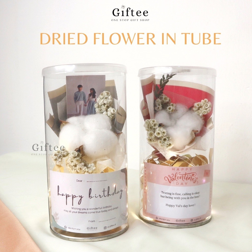 DRIED FLOWER IN TUBE BUKET BUNGA KAPAS MINI KERING FOTO CEWEK COWOK DALAM TABUNG MIKA LAMPU LED