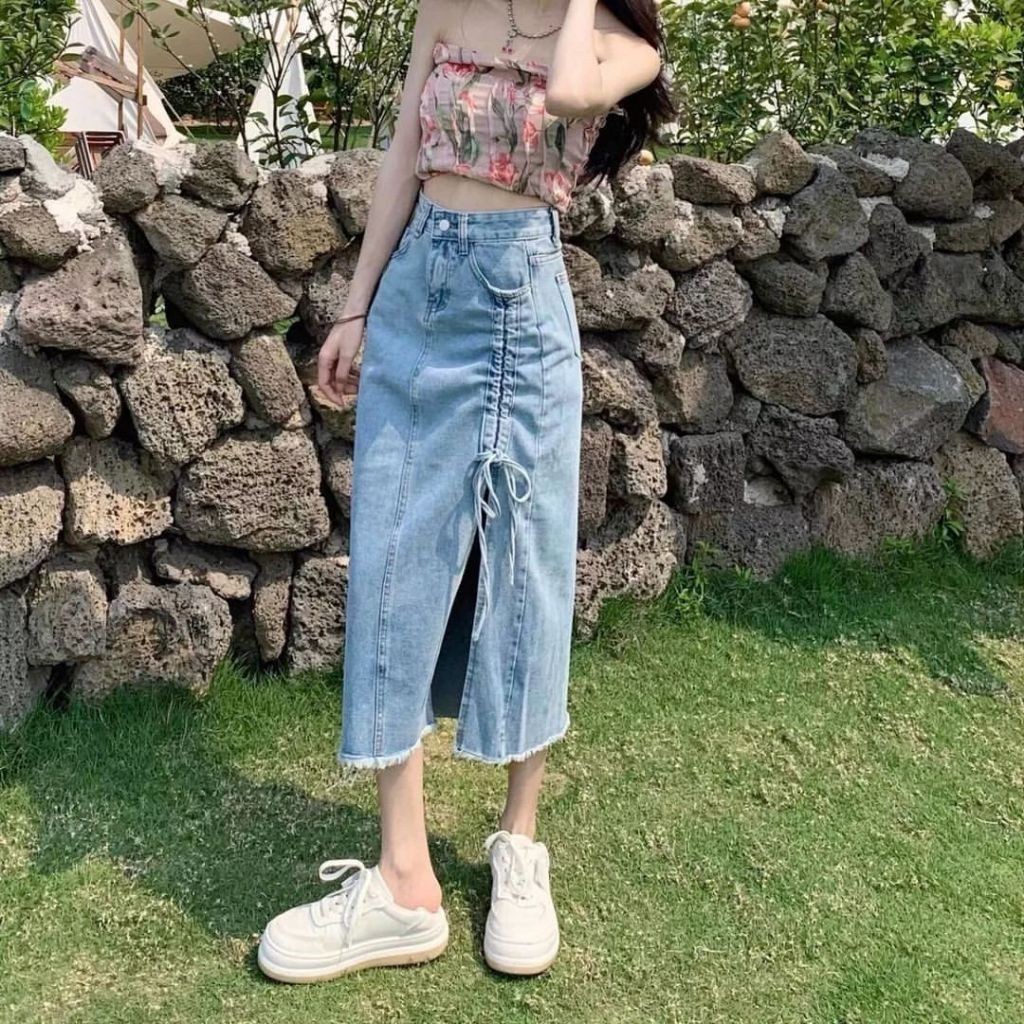 Rok Jeans Span Belah Serut Highwaist Chici Skirt