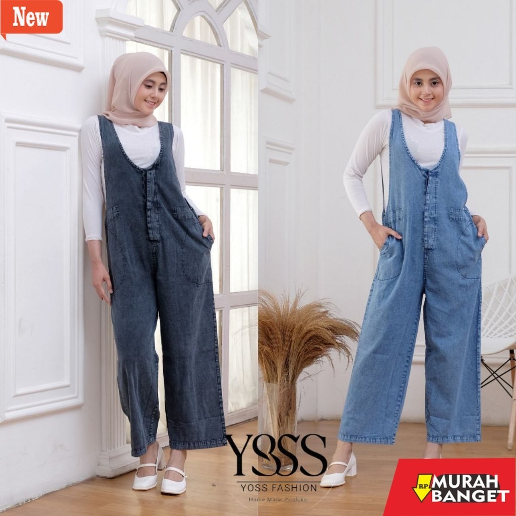 Jumsuit Wanita Kekinian Jumpsuit Overall jeanswash / Overall Jeans Jumbo Baju Kodok / Kulot overall 