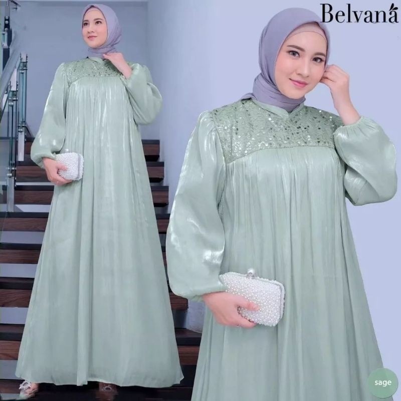 Belvana dress busana pesta wanita bahan shimmer aplikasi tile manik manik cantik / baju gamis kondan