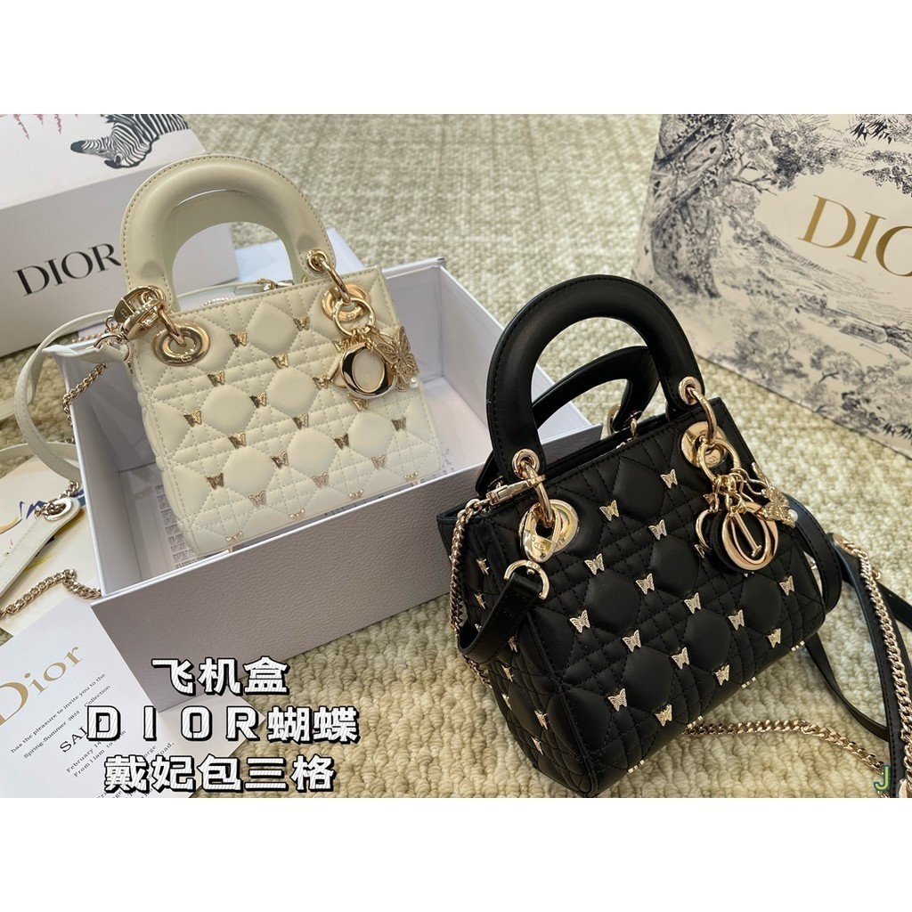 Original 2024 New Dior (with Box) Dr Mini Lady Handbag with Black Sheepskin Rattan Pattern and Gold 