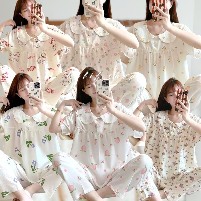 SETELAN ONE SET PIYAMA BAJU TIDUR CP WANITA DEWASA CRINKLE AIRFLOW BKK PREMIUM KRAH KOREAN STYLE STE