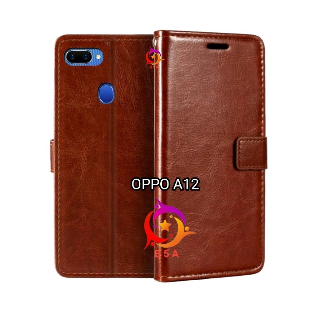 OPPO A12 Flip Cover Wallet Leather Casing Dompet Kulit ( Case Untuk A12 ) Slot Card Warna Hitam Mera