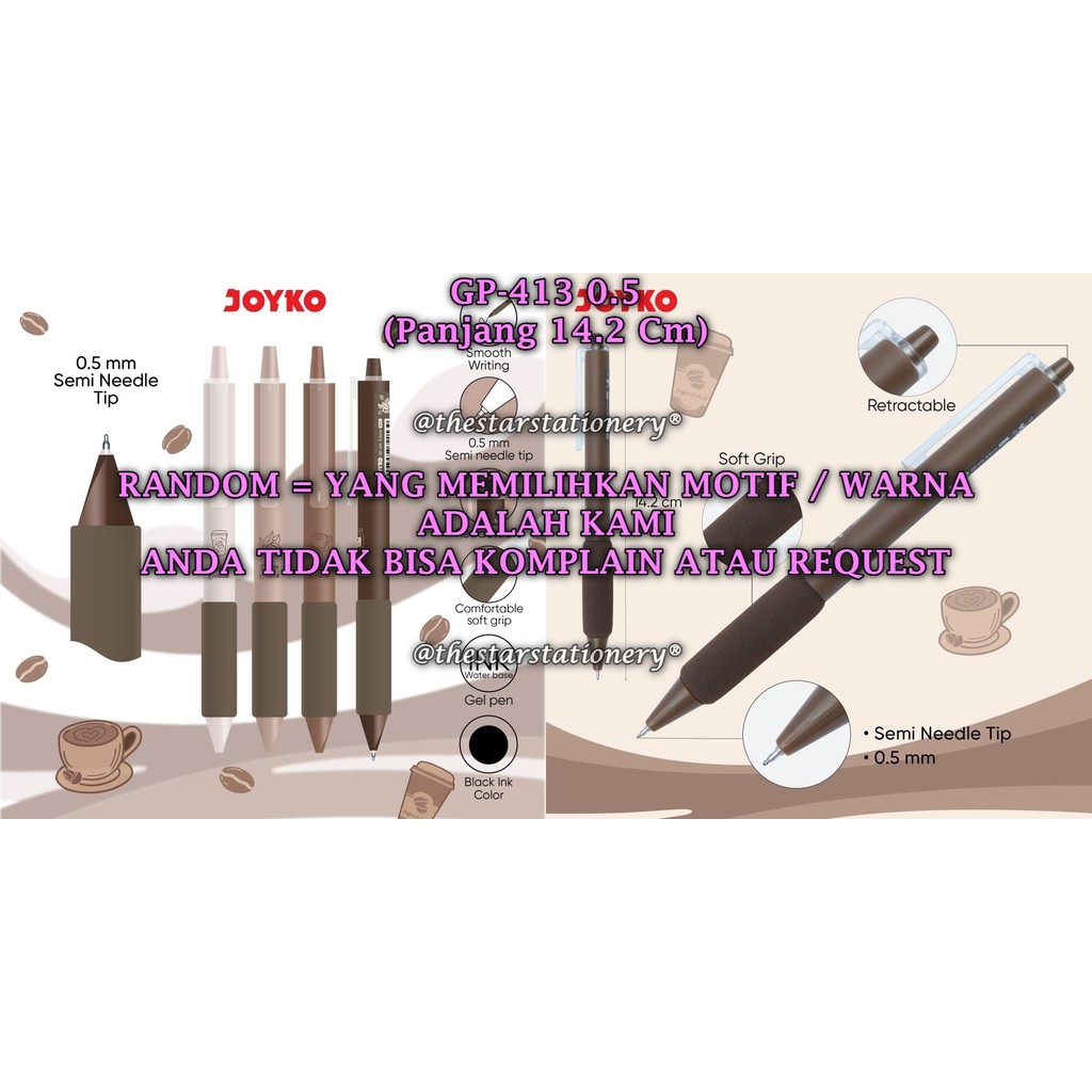

(1 Biji) GROSIR Gelpen JOYKO GP-413 0.5 mm Black / Pulpen Pena Joyko GP-413 Coffee O'clock (1 Biji)
