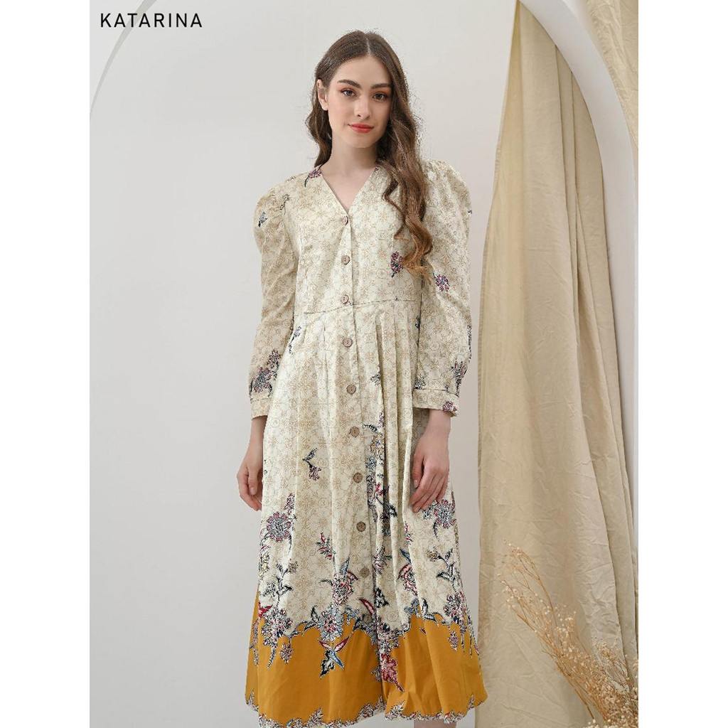 GIRLY Katarina Gamis Batik Dress Manopo Lengan Balon Model Kancing Dress Tunik Batik Wanita Muslim D