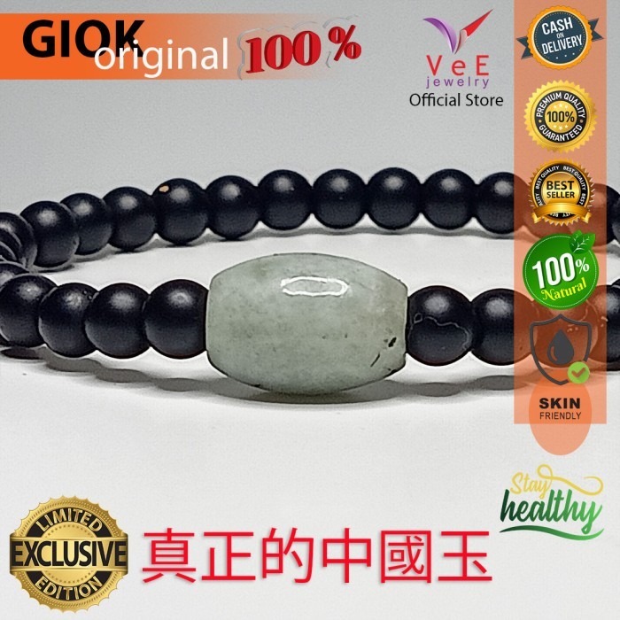 Gelang Tasbih 33 Butir Batu Giok Hitam 6mm Bandul Hijau Burma Asli