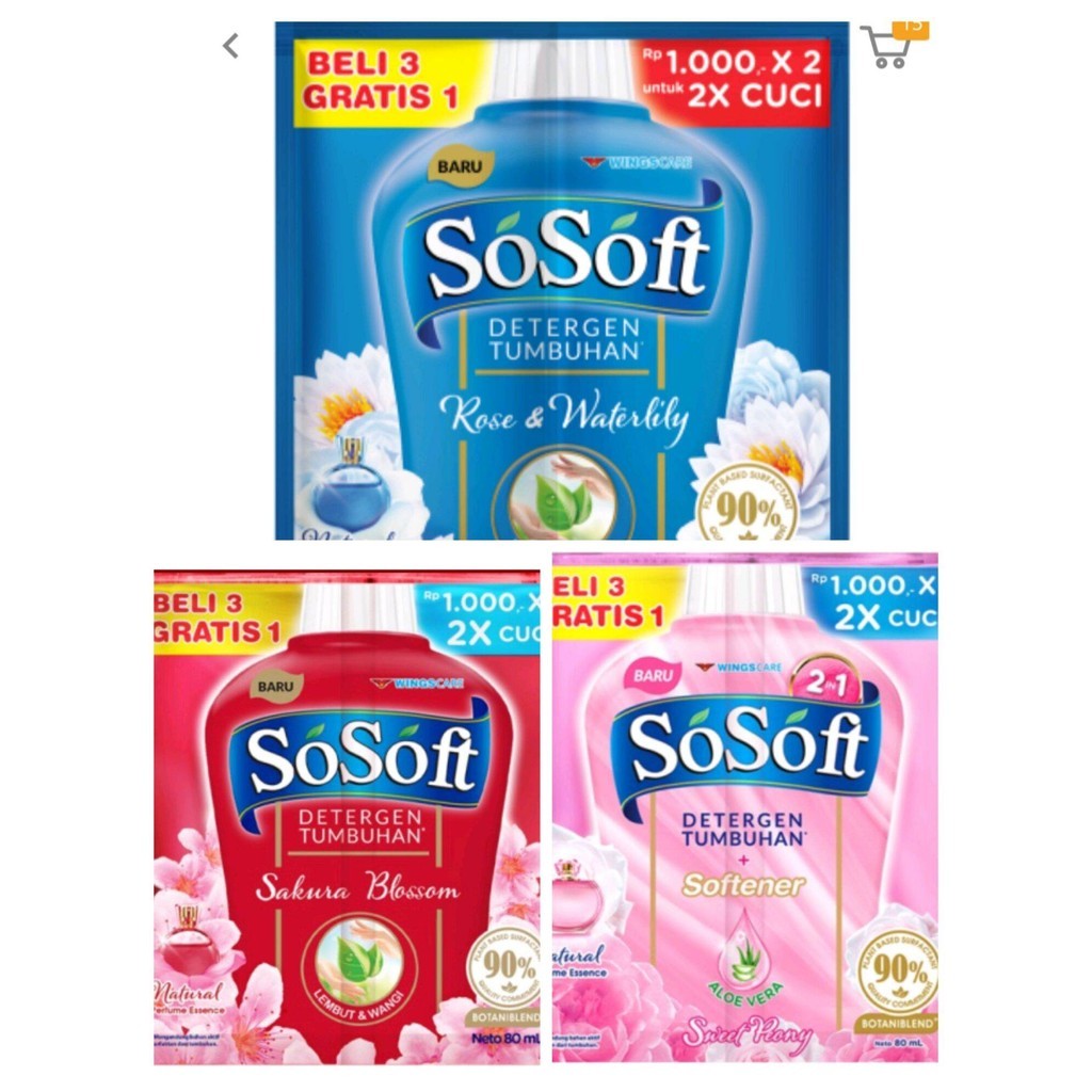 SOSOFT DETERGENT CAIR LIQUID Renceng isi 16 SACHET 80ml (40x2) NATURE FRESH DOUBLE DETERGENT CAIR PE