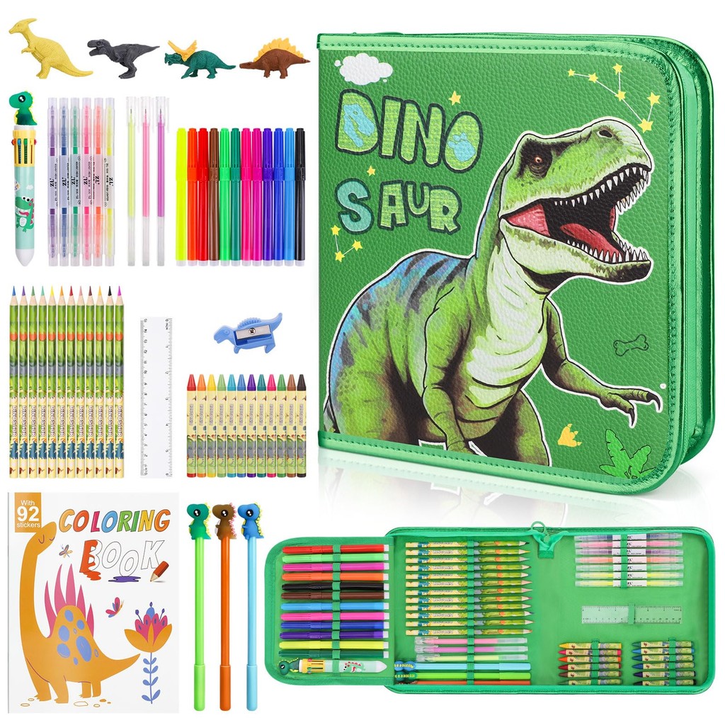 

Green Dinosaur Pencil Case & Stationery, Fruit Scented Markers Set 57PCS Colouring Art Supplies, Christmas Gifts Toy for Boys