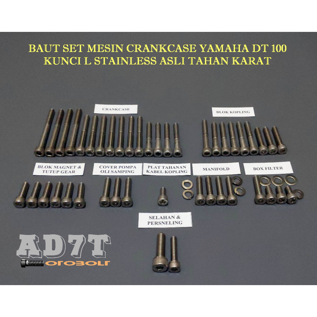 Baut Set mesin Yamaha DT 100 kunci L stainless asli