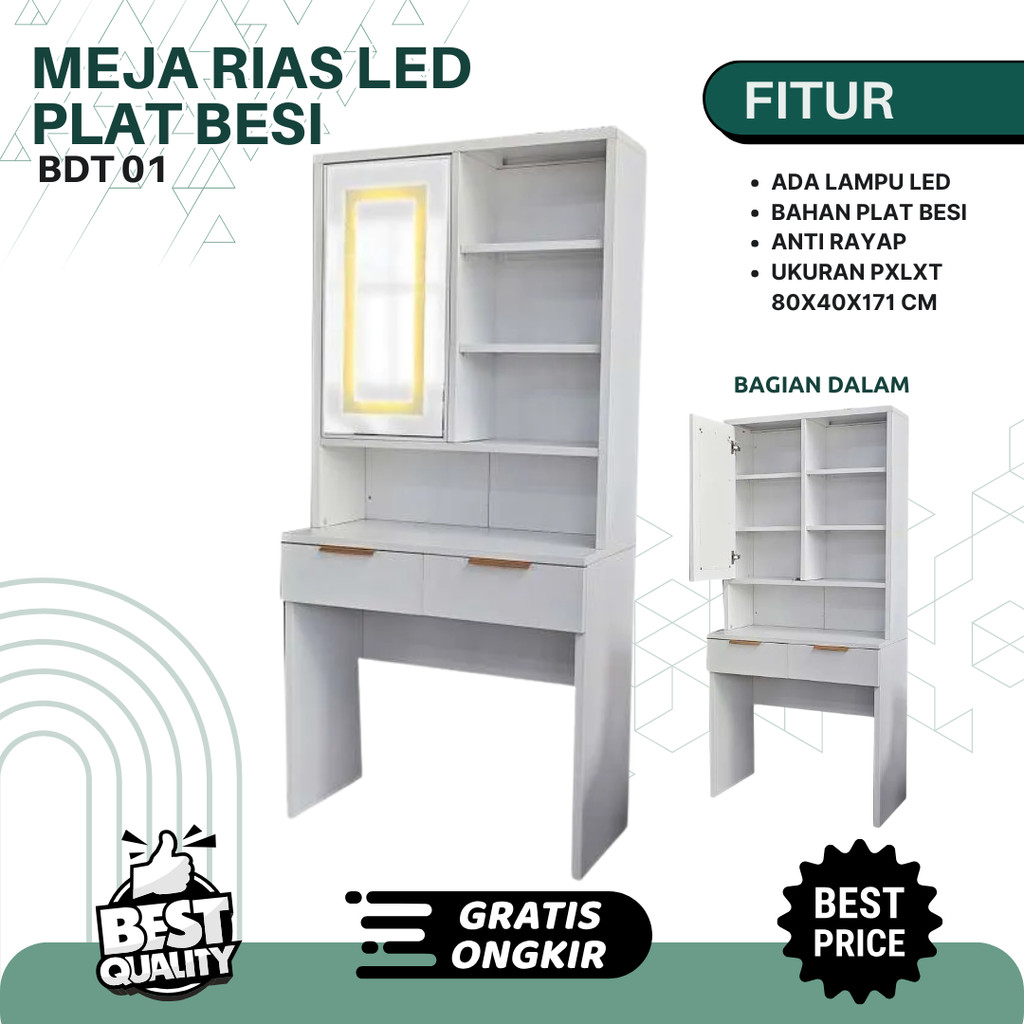 AVERY - Meja Rias Plat Besi BDT-01, Meja MUA, Set Meja Kursi Rias Set Dresser Minimalis Packing Kayu