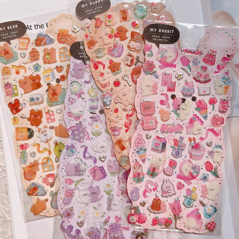 

2 pcs/lot Kawaii Glittering Puppy Rabbit Bear Cat 3D Stickers Scrapbooking Diy Journal Cute Sticker