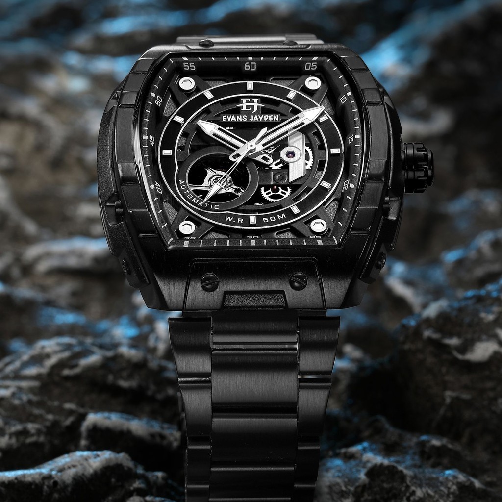 Jam Tangan Pria Evans Jayden 9611 Chronograph Otomatis Kaca Safir 5ATM Hitam Rubber
