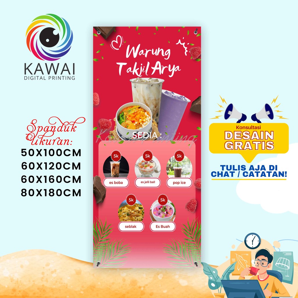 SPANDUK / BANNER Warung Makanan Dan Minuman Pink Merah Design Outdoor / Indoor