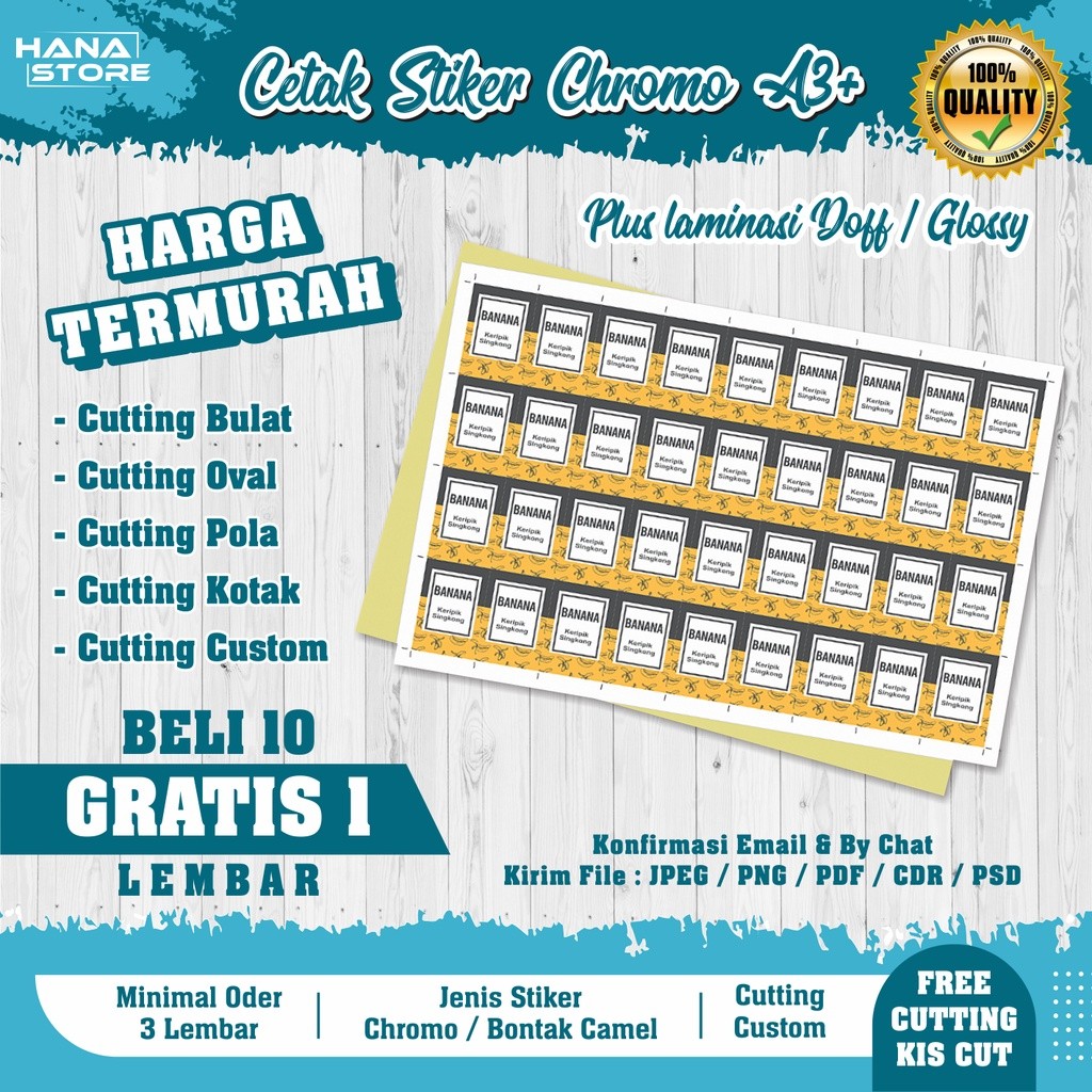 Cetak Stiker Custom Chromo / Bontak Laminasi A3+ (Print & Cutting) Tahan Air / Cetak Stiker Label