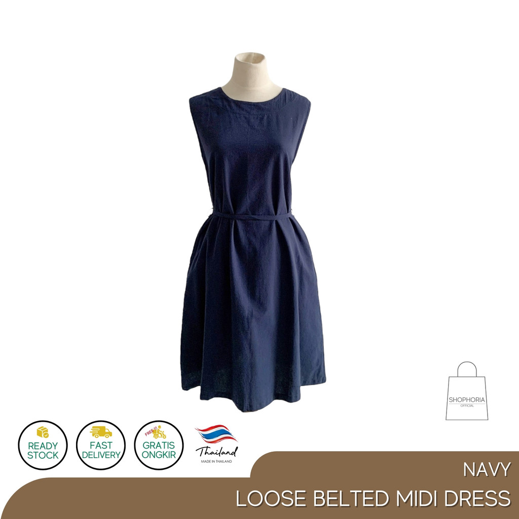 Baju Pakaian Terusan Midi Wanita Tanpa Lengan Impor Thailand Loose Dress Navy