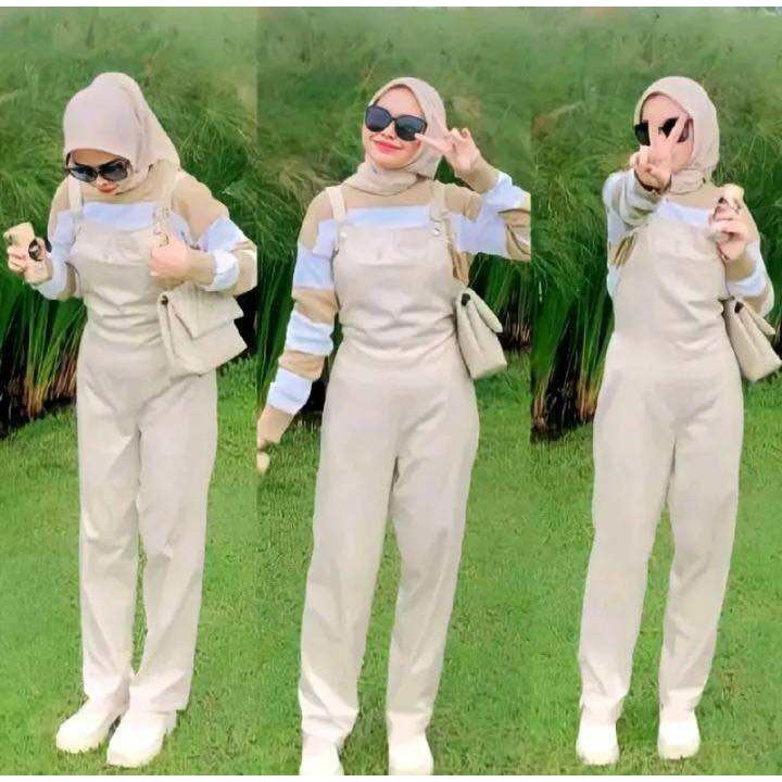Overall Jumpsuit Wanita Bahan Linen Model Longgar Warna Solid