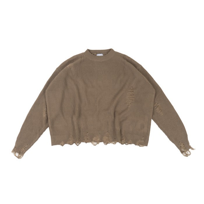 NOMADSTUDIO Reborn - Khaki Distressed Oversized Knit Sweater  - Khaki, L