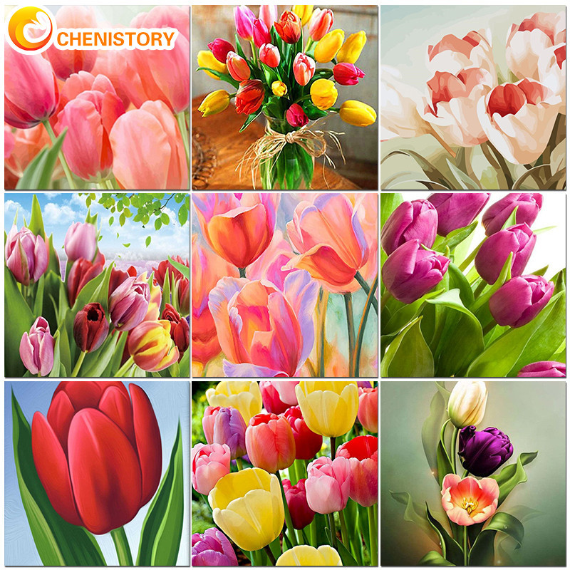 

CHENISTORY Oil Painting By Numbers Tulip Flower DIY Paint By Numbers On Canvas For Wedding Decoration Adults Kit Unique Gift