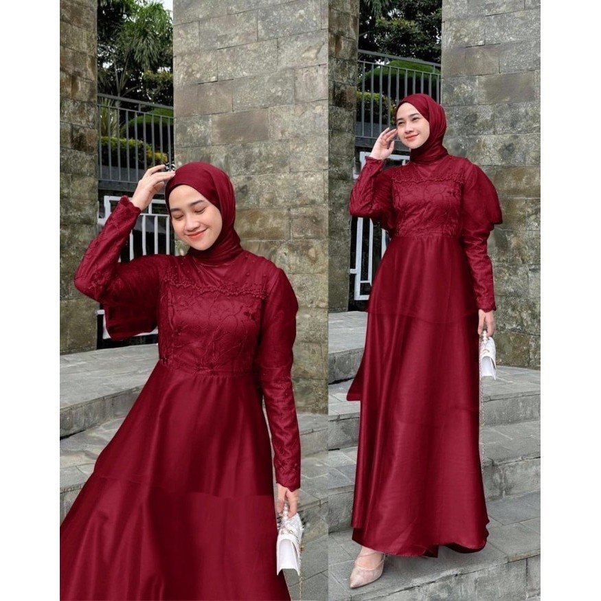 Maxi Dress Wanita Baju Pesta Velvet Brukat Gaun Brokat Mewah Modern - Maroon Original terbaru Murah Termurah Import terlaris Trendy kekinian