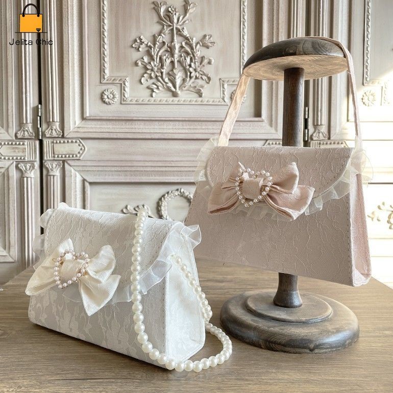 [ COD✅ ]Jelita ChicTas tangan renda Lolita buatan tangan asli, busur, tas selempang mutiara, tas amp