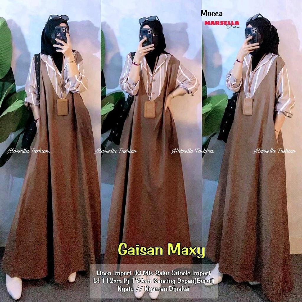 Gaisan Maxy Dress Gamis Polos Kombinasi Motif Garis Salur Premium