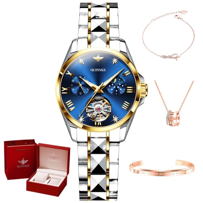 OUPINKE Wanita Watch Automatic Skeleton Tourbillon Sapphire Crystal Tahan Air Elegan Mewah Wanita Ja