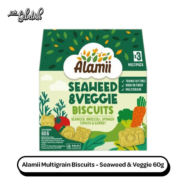 

Alamii Multigrain Biscuits Seaweed & Veggie 60g (3 Bags x 20g) - Biskuit Sehat | Natural Ingredients | High Fiber | No Preservatives | Free Trans Fat