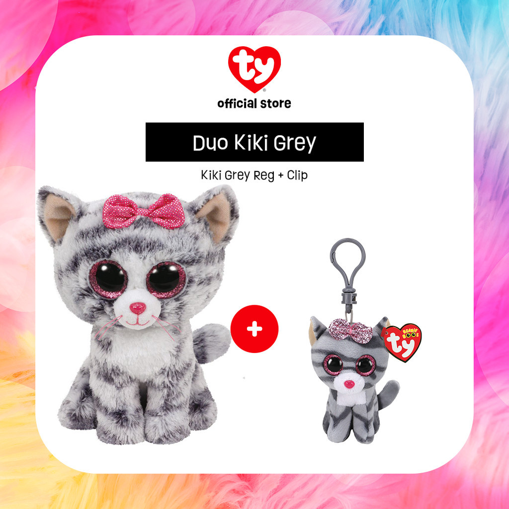 TY Duo Kiki Cat Grey - Paket Boneka & Gantungan Kunci Bentuk Kucing - Gift Set Giftset Hadiah Kado N