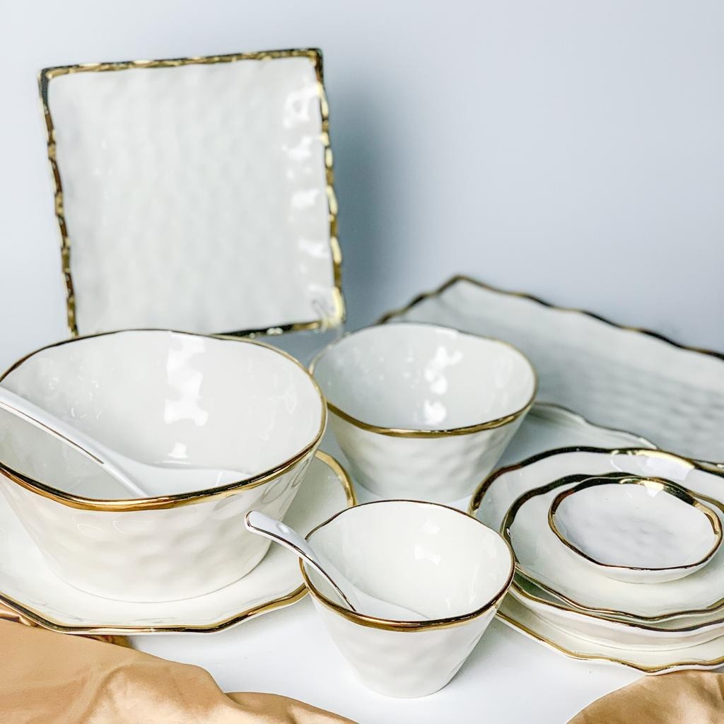Piring Makan Keramik Putih Gold Motif Gelombang / Piring Putih Keramik List Gold / Mangkuk Keramik P