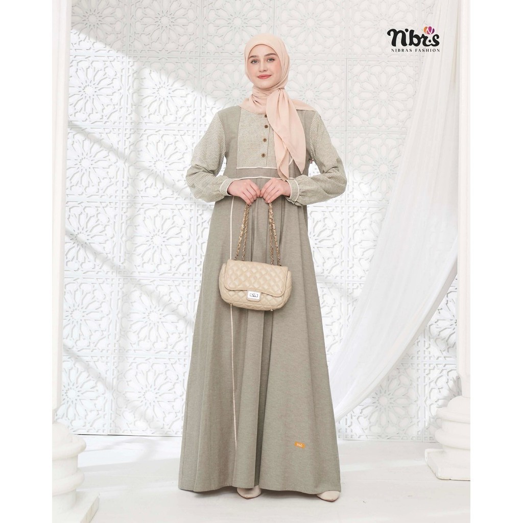 NIBRAS - RON 019  Gamis Wanita Dewasa Dress Simpel Polos Motif Salur  Busui Friendy Bahan Toyobo Pre