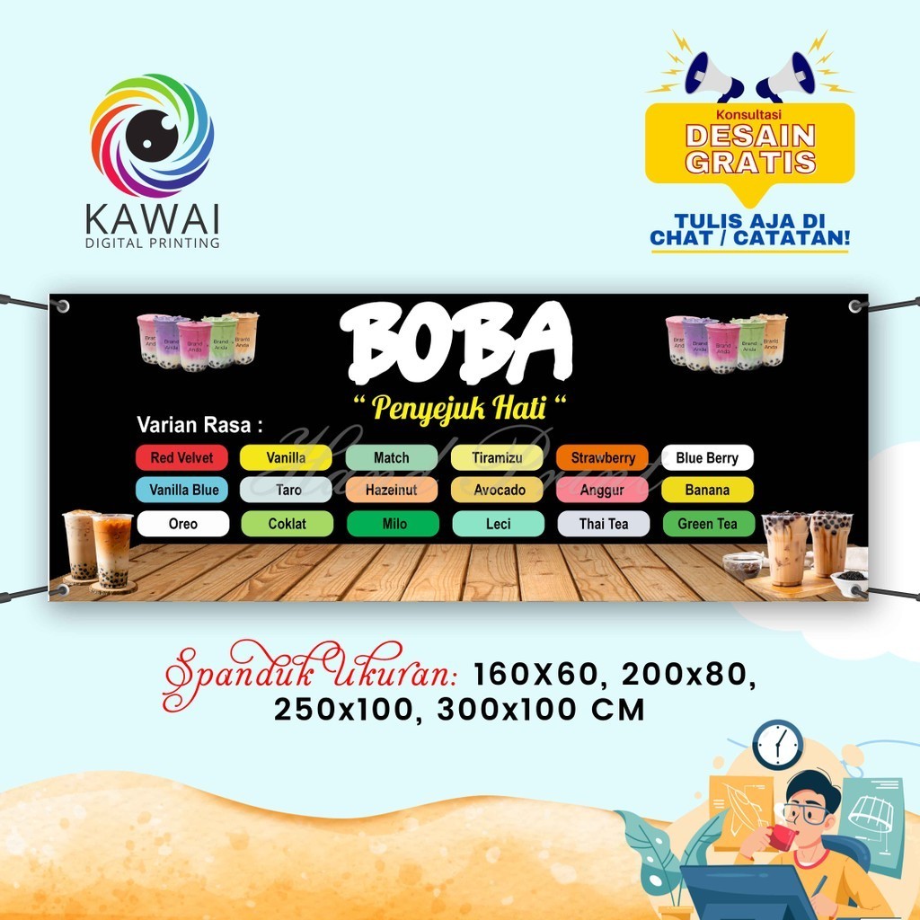 Spanduk Banner MMT Jualan Minuman Boba Banyak Rasa Bagraund Kayu Bisa Rekuest 300x100CM
