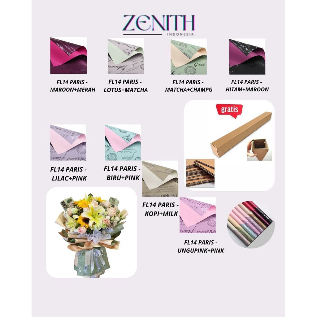 

Zenith - (5 LEMBAR) - FL14 PARIS Kertas Bunga Paper Buket Motif Tulisan Text Florist Cellophane