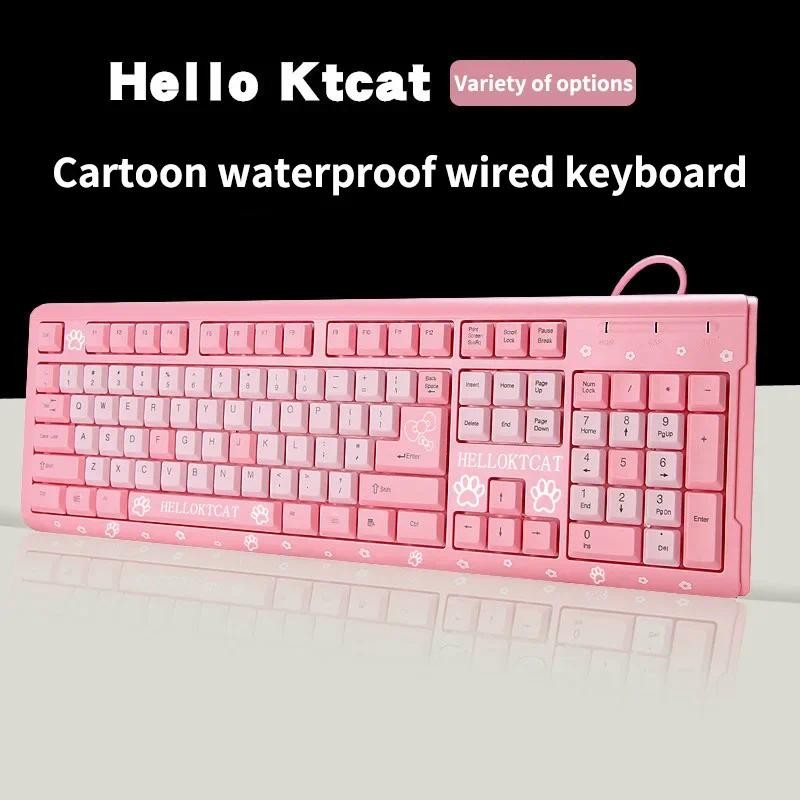Pink Cute 104 Wired Keyboard USB Ultra-thin Cartoon Cat Home Laptop Keyboard Office Gaming Periphera
