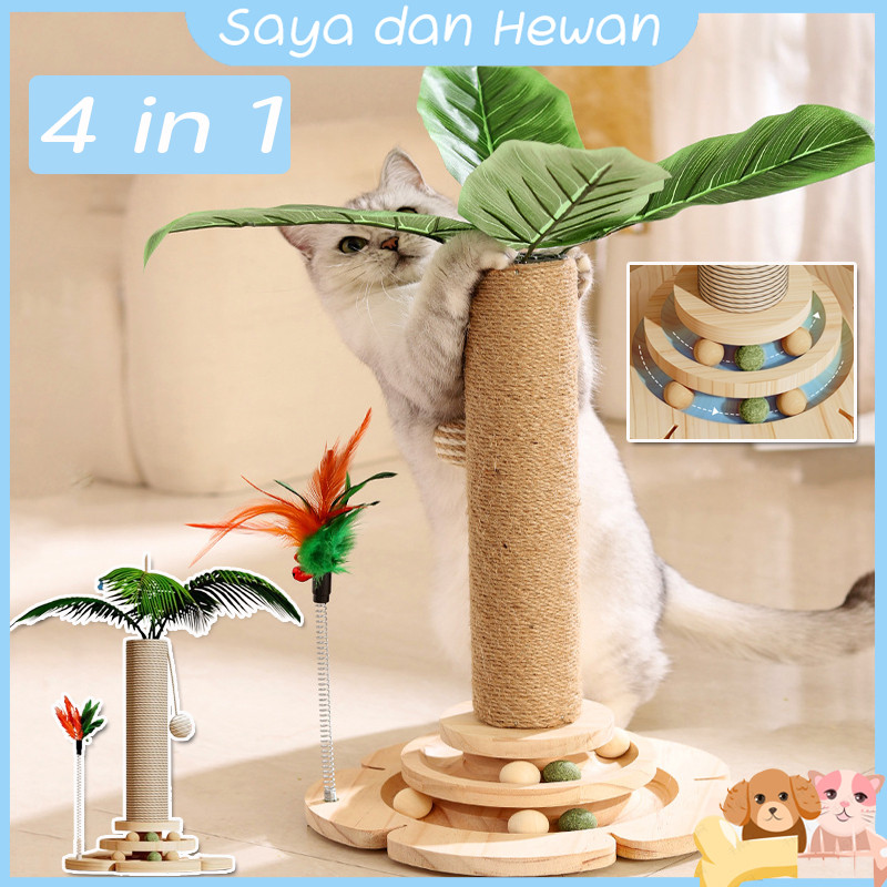 NEW 4 IN 1 Tiang Cakaran Kucing Kayu Solid Pohon Cakaran Garukan Kucing Mainan Interaktif Cat