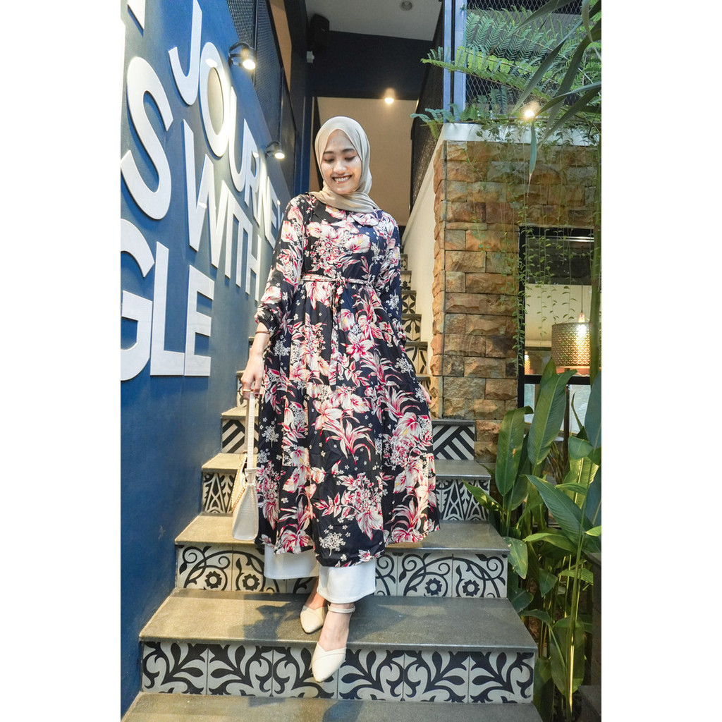 Dress Gamis Midi Rayon Viscose  Bestseller, Midi Flower Nhm - Merah
