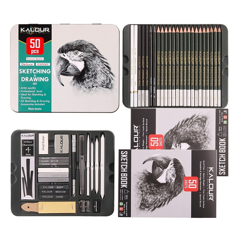 

Kalour 52pcs Sketch Supplies Stationery Art Set Drawing Kit Canvas Bag With Sketchbook Charcoal Graphite Pencil Tin Box