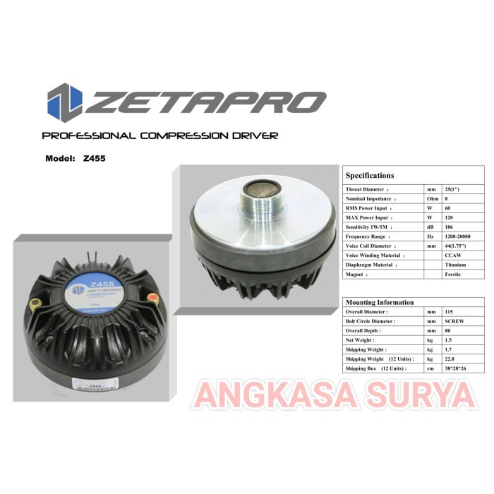 Driver Tweeter ZETAPRO Z455 Z 455 ORIGINAL Model Drat Voice Coil 44.4