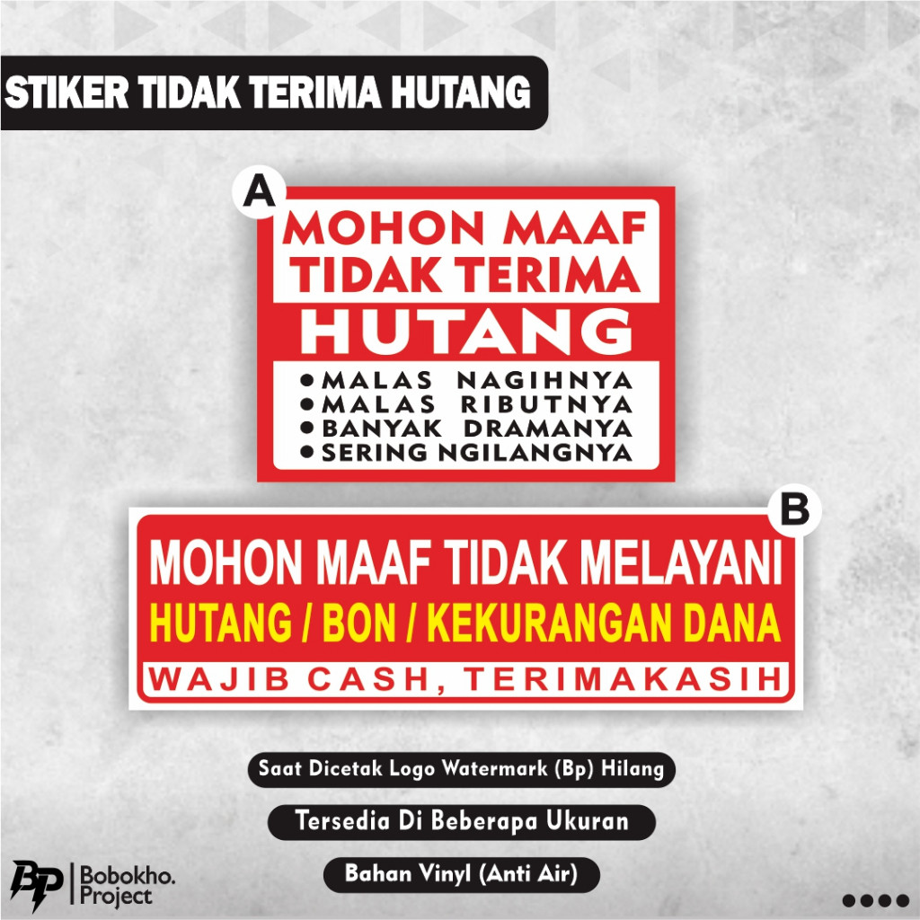 

Sticker Dilarang Hutang / Stiker Tidak Melayani Hutang / Stiker Nunggak / Dilarang nunggak / dilarang kasbon