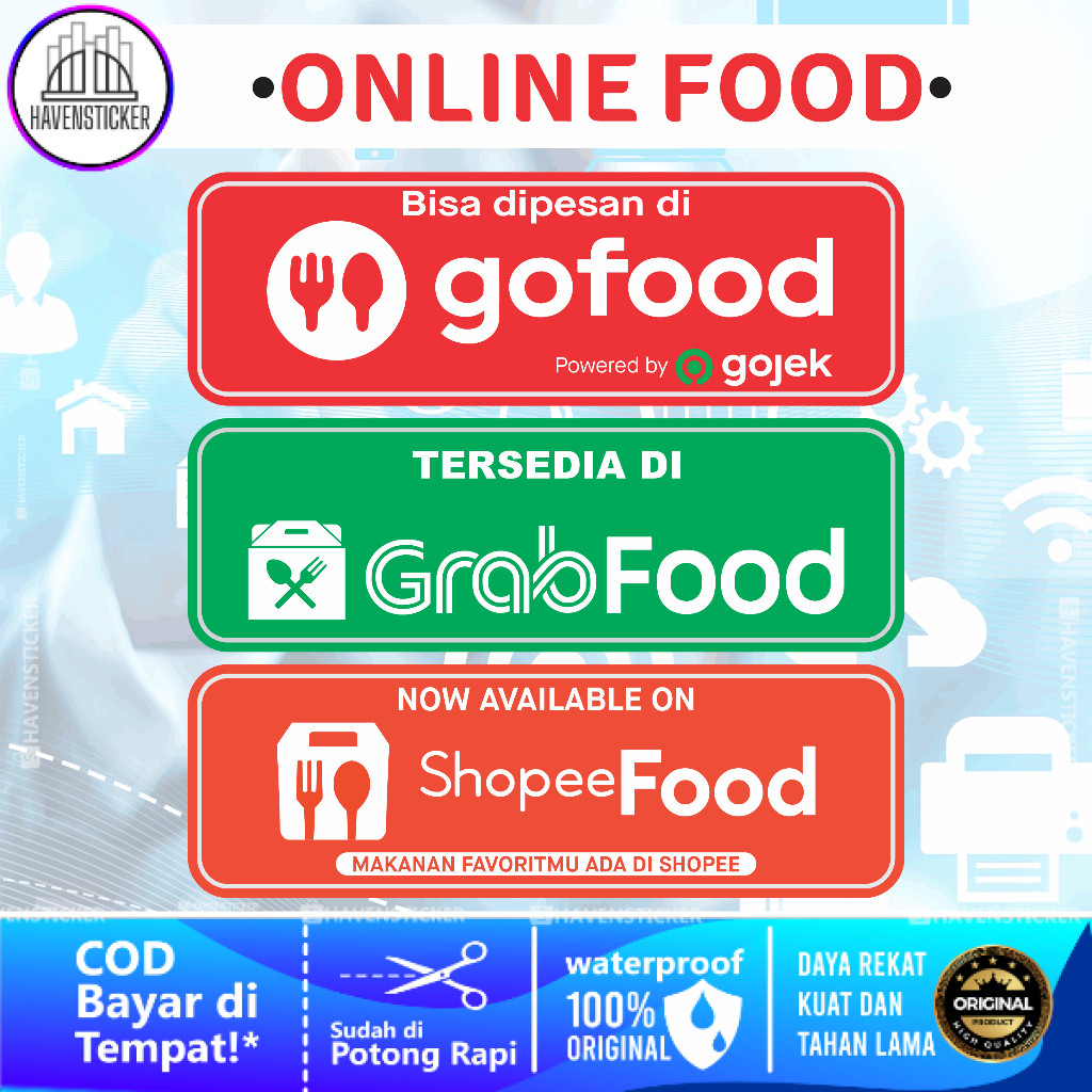 

Stiker Online Food - Go Food - Grab Food - Shopee Food Landscape Laminasi Glossy