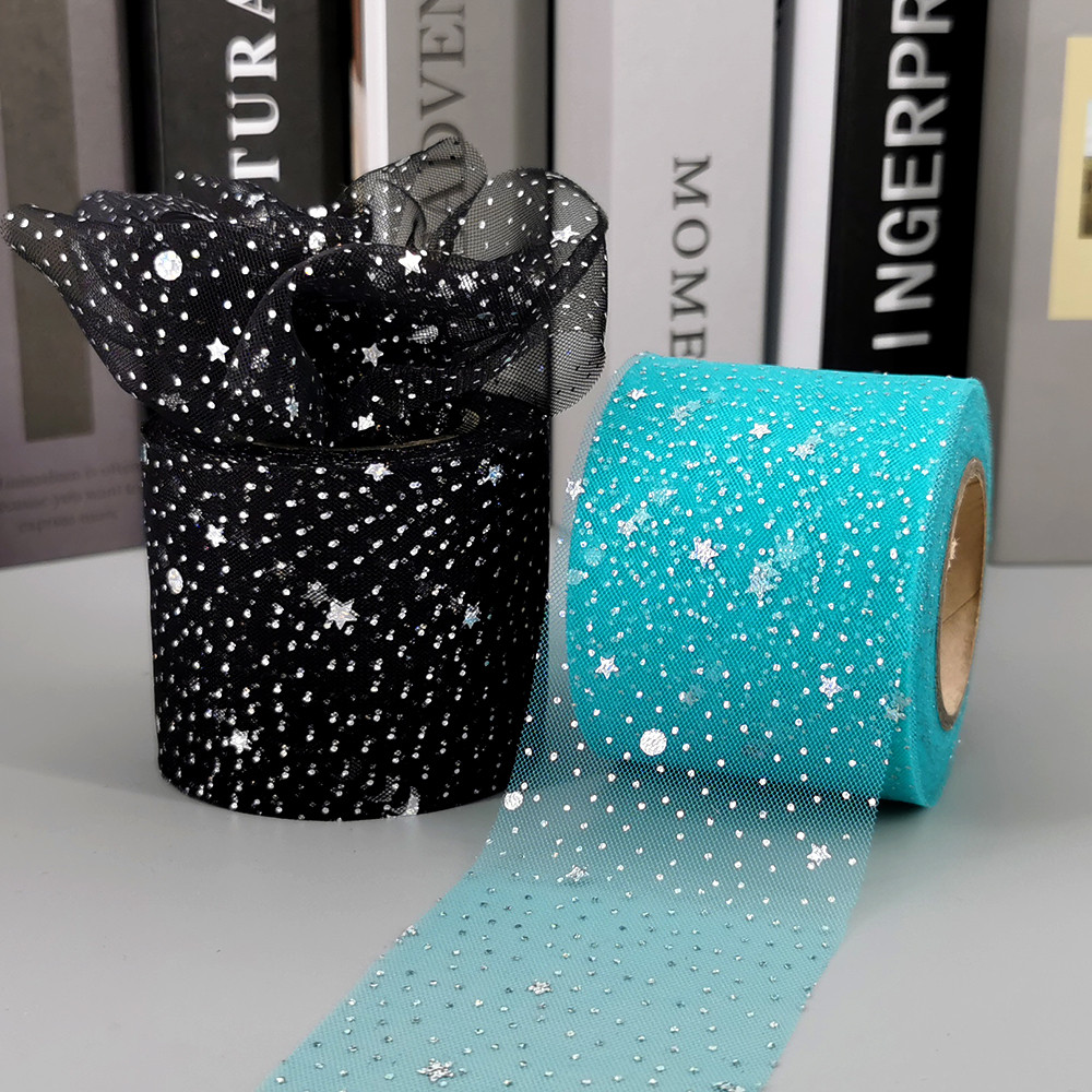 

6cm 25yards Tulle Rolls Silver Star Moon Organza Ribbon Film Night Sky Mesh Tape for Hairbows Fairy Doll Skirts DIY Materials