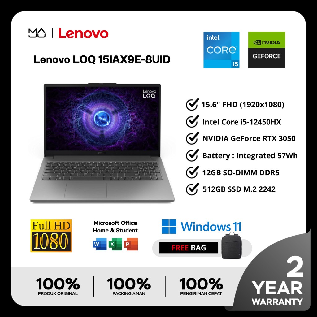 Laptop Lenovo LOQ 15IAX9E Intel i5-12450HX 12GB SSD 512GB RTX3050 - Garansi Resmi